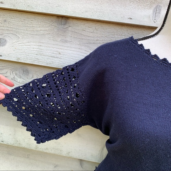 Vintage 90s Navy Blue Solid Print Crochet Trim Short Sleeve Knit Sweater Blouse - Picture 7 of 16